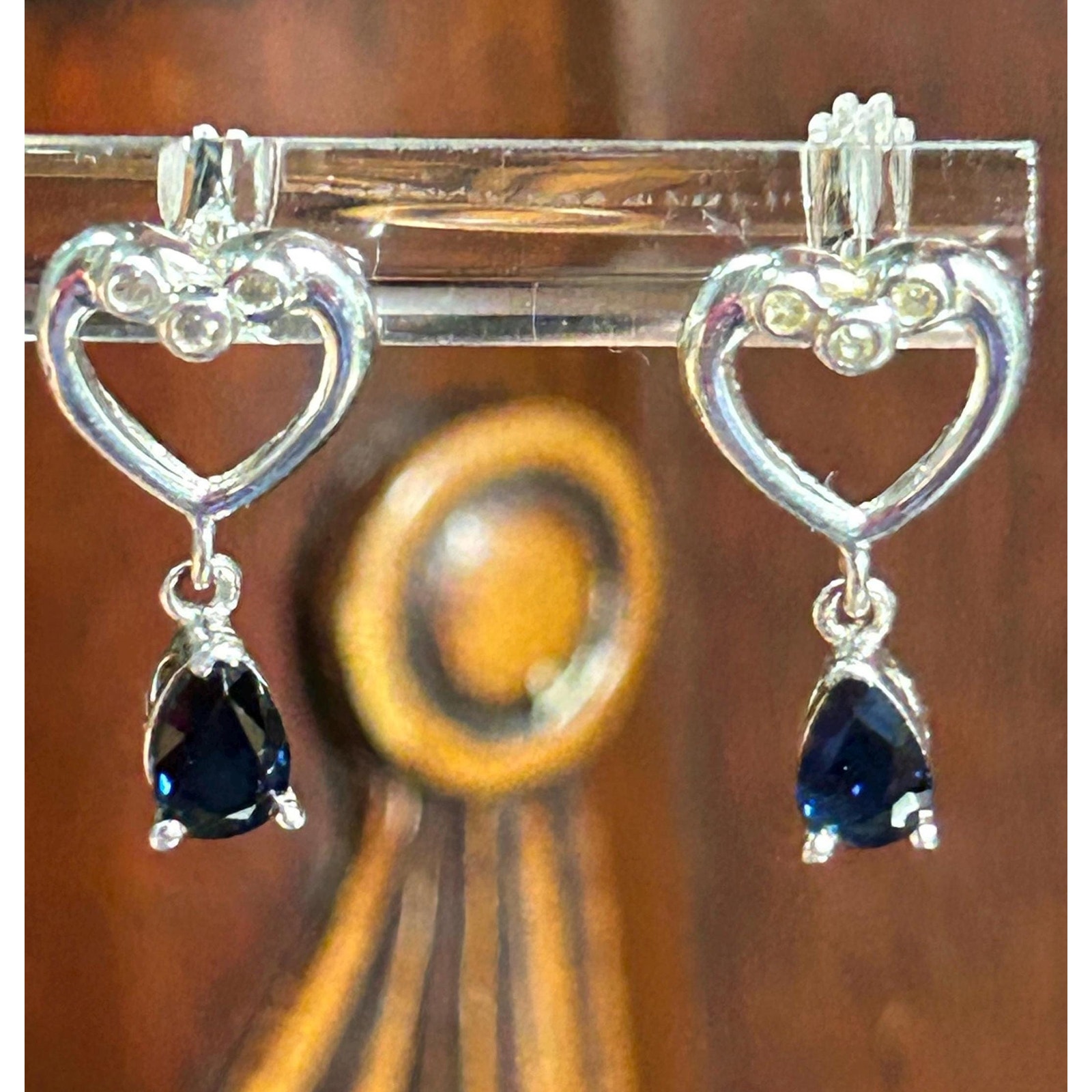 14k Solid White Gold Teardrop Blue Sapphire Diamonds Heart Drop Dangle Earrings 330$